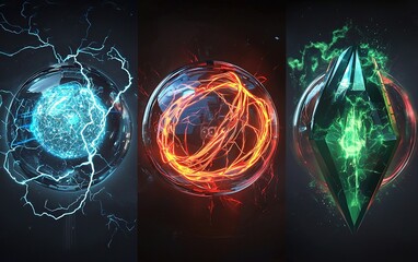 Poster - Energetic spheres showcasing electric, fire, and crystal elements illuminated against a dark background