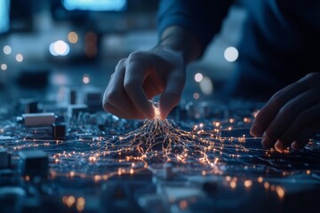 Poster - A hand interacts with a digital network of glowing nodes, symbolizing connectivity and technology in a visually striking and futuristic digital environment.