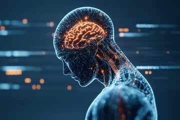 Poster - A striking digital rendering of a human figure with an illuminated neural network, highlighting the intersection of technology, consciousness, and digital evolution.