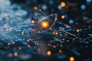 Poster - A glowing quantum particle orbits above a circuit board layout, symbolizing the intersection of advanced technology and quantum computing in modern science.