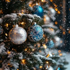 Sticker - Close-up of a decorated Christmas tree with blue and white ornaments, lit with fairy lights and covered in a light dusting of snow.