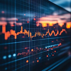 Canvas Print - Close-up of a financial chart with a cityscape reflected in the screen, showing fluctuating market data.