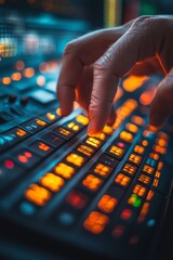 Close-up of a hand adjusting a sound mixing console.