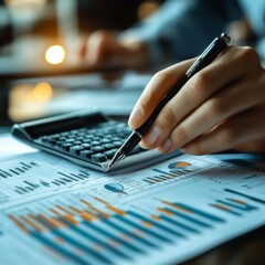 Poster - Close-up of a hand holding a pen over a calculator and financial charts.