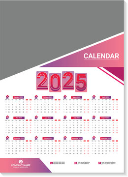Wall calendar template, Classic vector calendar for 2025. Printable calendar layout.