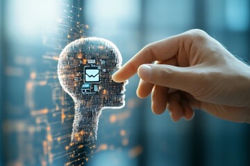 Poster - A digital silhouette interacts with a fingertip, symbolizing the fusion of human touch and technology, reflecting innovation in modern digital communications.