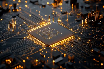 Poster - A glowing microchip sits on a futuristic circuit board, highlighting advanced technology and innovation in digital design, perfect for tech-focused creative projects.