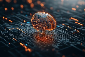 Poster - A digital rendering of a glowing brain formed by circuits on a dark background, representing advanced technology, artificial intelligence, and modern innovation.