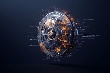 Poster - A high-tech digital wheel, intricately designed with glowing elements and cybernetic patterns, representing technology advancement and a futuristic approach.