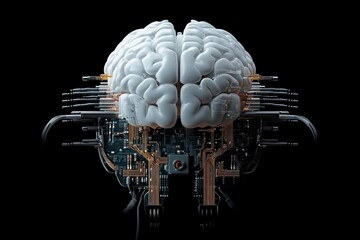 Poster - A detailed cybernetic brain with wires and circuits represents the fusion of human cognition with digital technology in an advanced futuristic landscape.