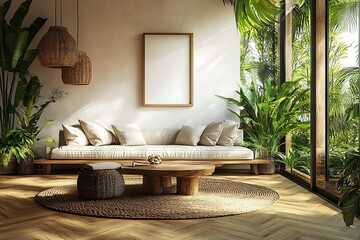 Cozy living room with plants and natural light.