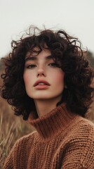 Wall Mural - A woman with curly hair is wearing a brown sweater and sitting in a field