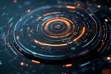 Poster - A high-tech digital interface with circular glowing elements showcases the futuristic design and innovation in technology, representing progress and connectivity.