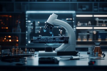 Poster - An advanced microscope features digital augmentation, highlighting modern scientific research and discovery in a technologically equipped laboratory setting.