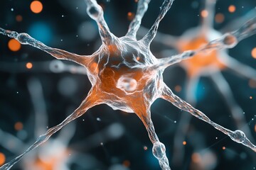 Poster - A detailed representation of a singular neuron with dynamic orange and blue accents, representing the complexity and connection in neurological networks.
