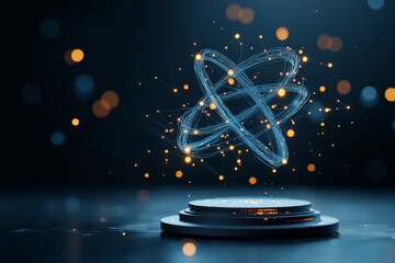 Poster - A glowing, neon-style atom structure floats above a digital platform in a dark environment, symbolizing technological advancement and scientific exploration.