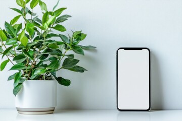 Poster - Smartphone with blank screen standing on white desk near green plant in flowerpot
