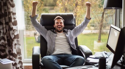 Poster - A man is sitting in a chair with a smile on his face