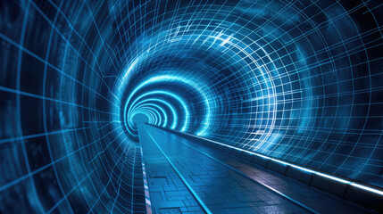Aufkleber - A wired 3D model of a long railroad tunnel in a blue tech environment.