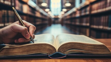 Poster - A Hand Writing in a Book with Bookshelf Background