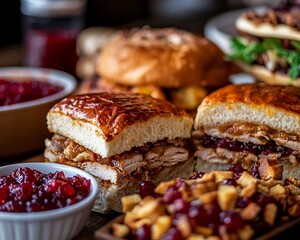 Poster - Close-up of turkey sliders with cranberry sauce, stuffing, and other Thanksgiving sides.