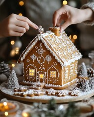 Wall Mural - Close-up of two hands decorating a gingerbread house with white icing and a star on top.