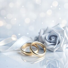 Two golden wedding rings beside a white rose on a soft sparkling background