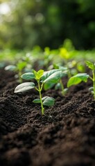 Wall Mural - Close-up of young green plant seedlings growing in rich soil.