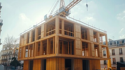 Leinwandbilder - A modern construction site with a crane lifting a wooden facade piece, positioned above a partially built wooden structure that is already 3 story tall.