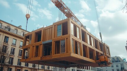 Poster - A modern construction site with a crane lifting a wooden facade piece, positioned above a partially built wooden structure that is already 3 story tall.