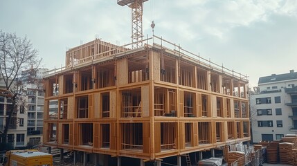 Leinwandbilder - A modern construction site with a crane lifting a wooden facade piece, positioned above a partially built wooden structure that is already 3 story tall.
