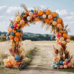 Sticker - Colorful balloon and pampas grass archway leading to a dirt pathway in a field.