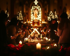 Canvas Print - Congregation holding candles during a Christmas Eve service in a church.