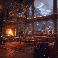 Wall Mural - Cozy cabin living room with a fireplace and a Christmas tree, overlooking a snowy mountain landscape.