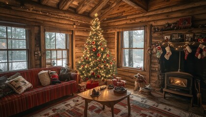 Poster - Cozy cabin living room with Christmas tree, fireplace, and snowy view.