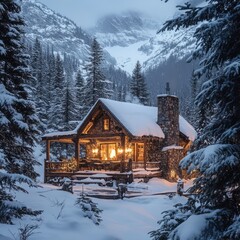 Poster - Cozy cabin nestled in a snowy mountain forest, lit with warm light.