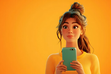 A young woman holding a smartphone with a cheerful expression against an orange background.