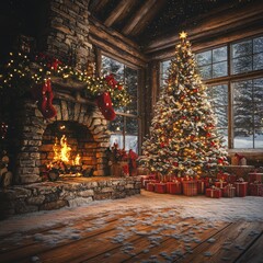 Canvas Print - Cozy cabin with a lit fireplace, decorated Christmas tree, and presents on a snowy floor.