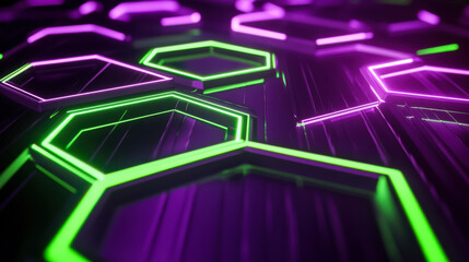 Poster - Abstract geometric pattern illuminated with purple and green lights on a dark background, creating a futuristic design