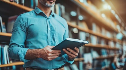 Poster - Man in Blue Shirt Holding a Book in a Library