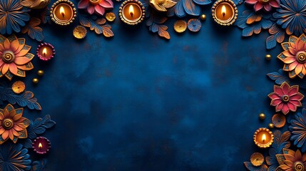 Poster - Diwali festival background vibrant mandalas and diyas in intricate patterns against a royal blue backdrop The design glows with warm hues leaving a spacious area in the center for a Diwali greeting