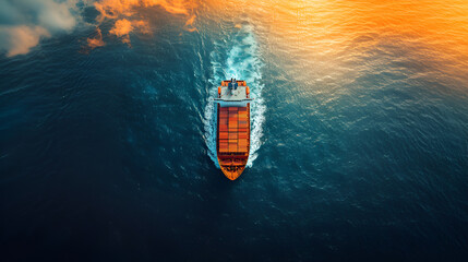 Cargo ship with stacked containers, cruising the open ocean.