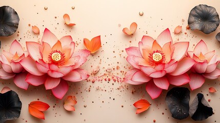 Poster - Diwali vector background detailed lotus flowers and rangoli patterns in soft pastel shades of pink and orange set against a creamcolored backdrop with clear space in the middle for text