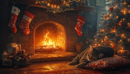 Canvas Print - Cozy Christmas scene with a cat sleeping by a fireplace.