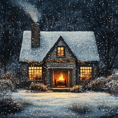 Poster - Cozy cottage with a warm fireplace glowing in the snow on a winter night.