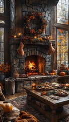 Sticker - Cozy fireplace with fall decor and snacks in a rustic living room.