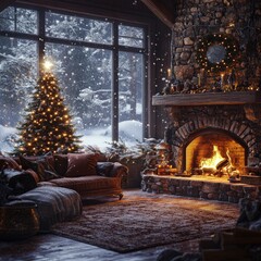 Wall Mural - Cozy living room with a Christmas tree, fireplace, and snow falling outside the window.