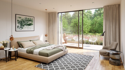 Poster - Modern bedroom with a garden view. 3D rendering.