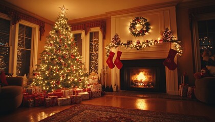 Canvas Print - Cozy living room with decorated Christmas tree, fireplace, and presents.