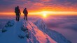 ©  Dreamy Shots - Two climbers on snowy mountain peak at sunrise, breathtaking view above clouds, winter adventure, summit achievement, outdoor exploration, high altitude, wilderness, mountain climbing, nature lovers
